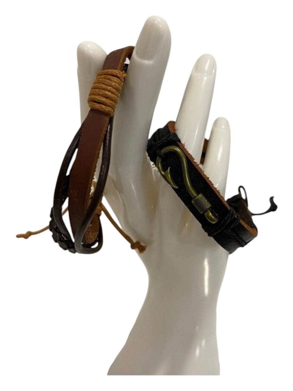 Set Of 2 genuine Leather & Cord Bracelets With funky Fishing Hook Design